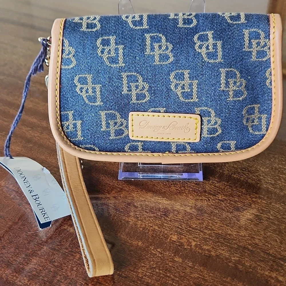 Dooney & Bourke Denim Blue and Tan Logo Flap Wristlet NWT